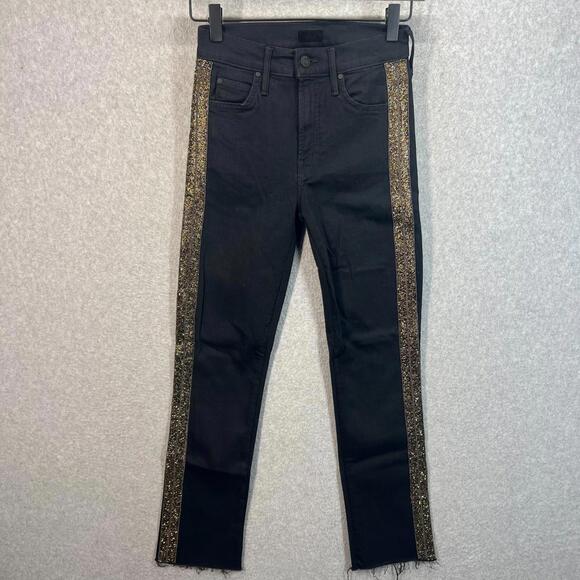 MOTHER Rascal Ankle Fray Guilty Flash Black Gold Glitter High Rise Jeans Sz 23 - Picture 2 of 16